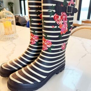 Austin Clothing Co. Navy Striped Pink Floral Slip-On Rain Boots Women's Size 9